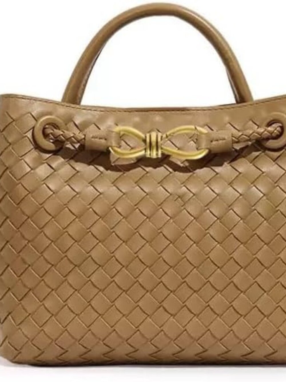 Women's Khaki Woven Leather Tote Handle Designer Handbag Shoulder Bag